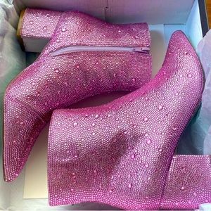 Betsy Johnson Hot pink mid high heel boots with rhinestones
